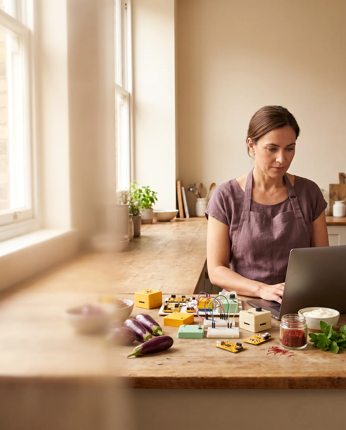 Learner arranging colorful components at a kitchen table