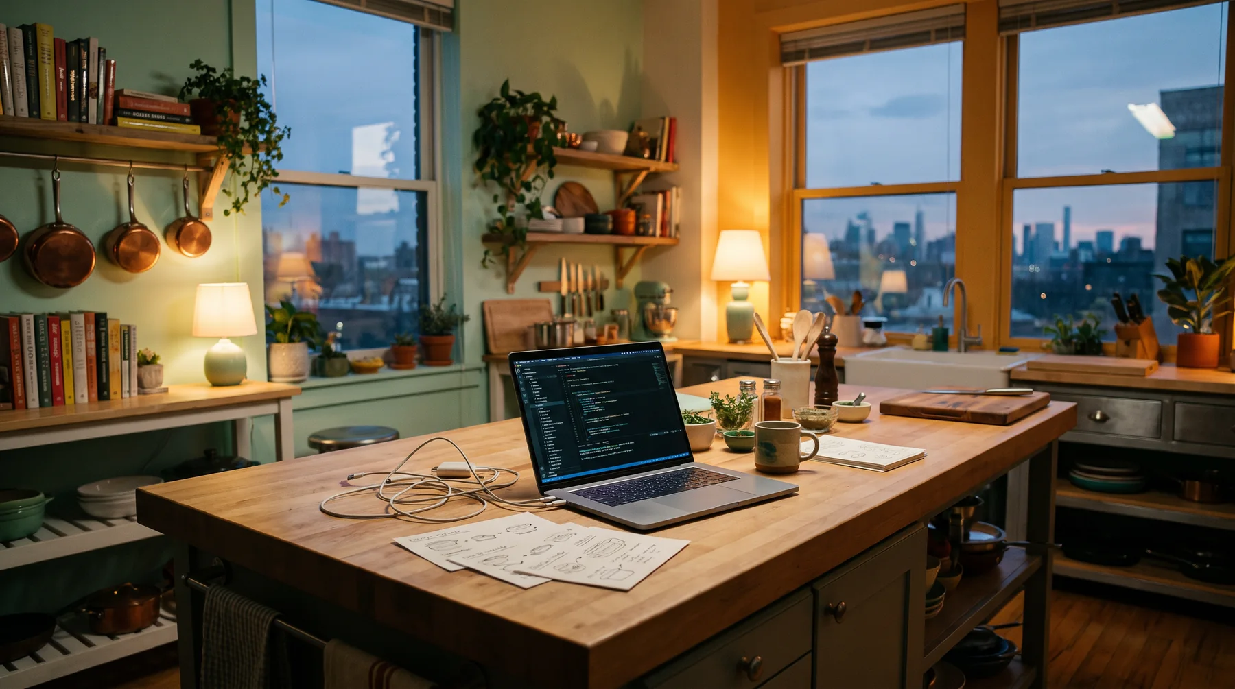 Laptop and papers on a warmly lit evening kitchen desk