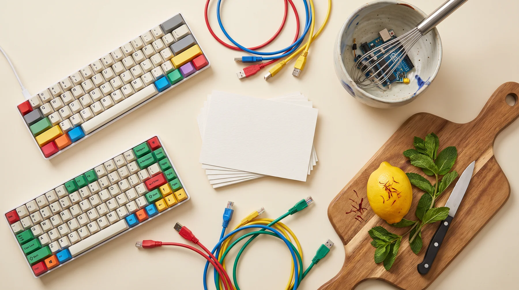 Keyboards, colorful cables, and kitchen ingredients arranged on a table