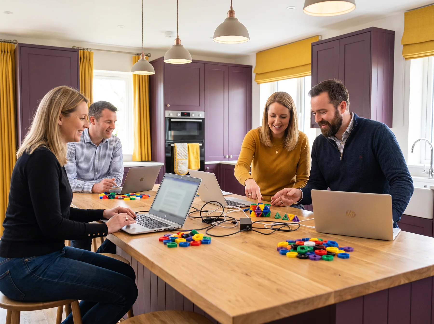 Group collaborating with laptops at a kitchen table
