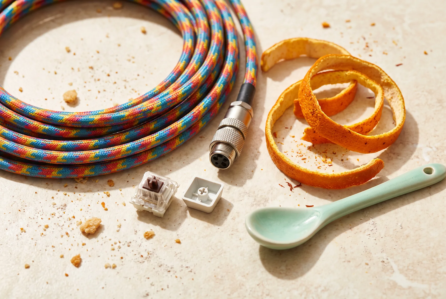 Colorful cable and citrus peel arranged like ingredients