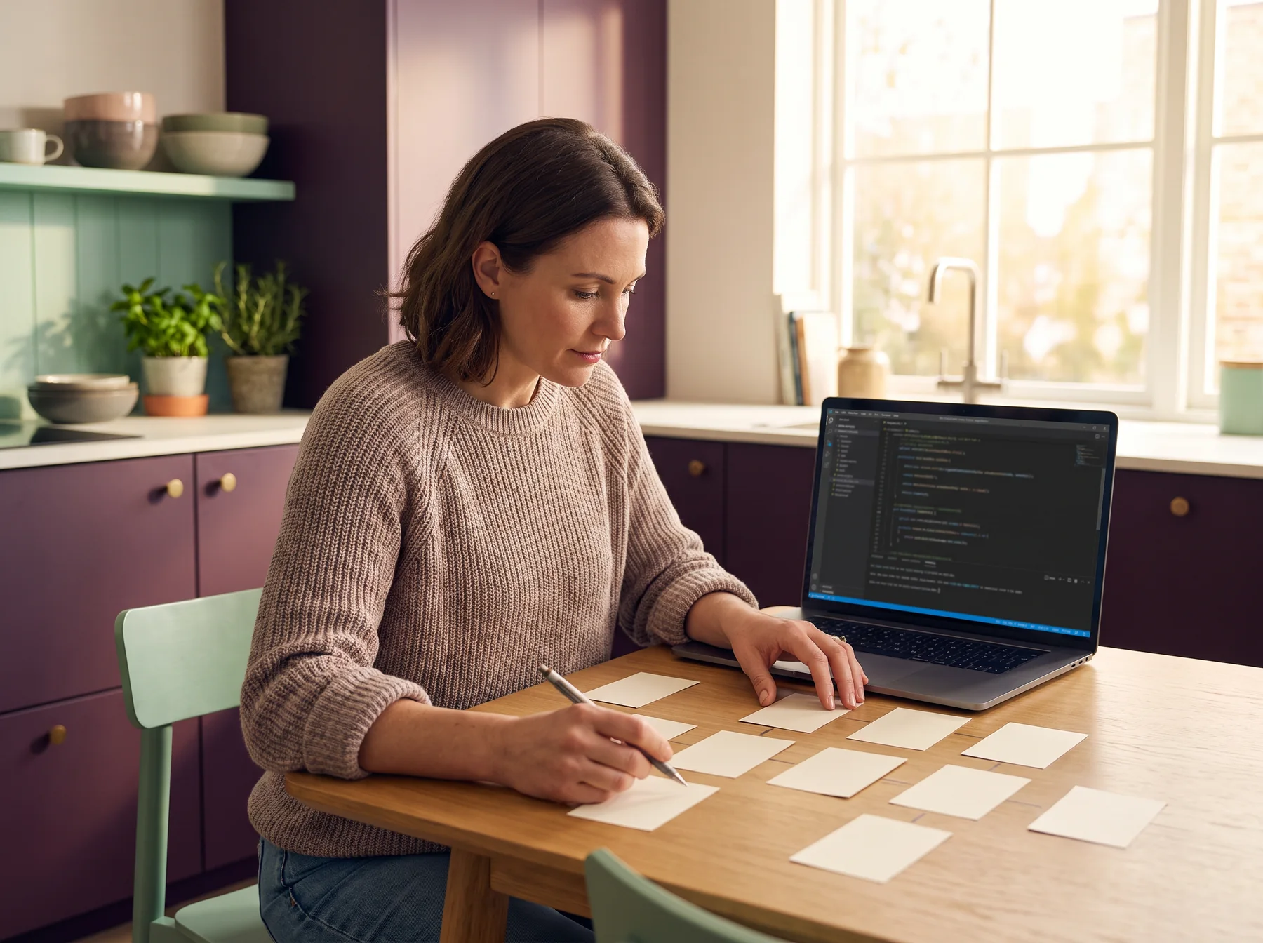 Learner writing notes beside a laptop displaying code