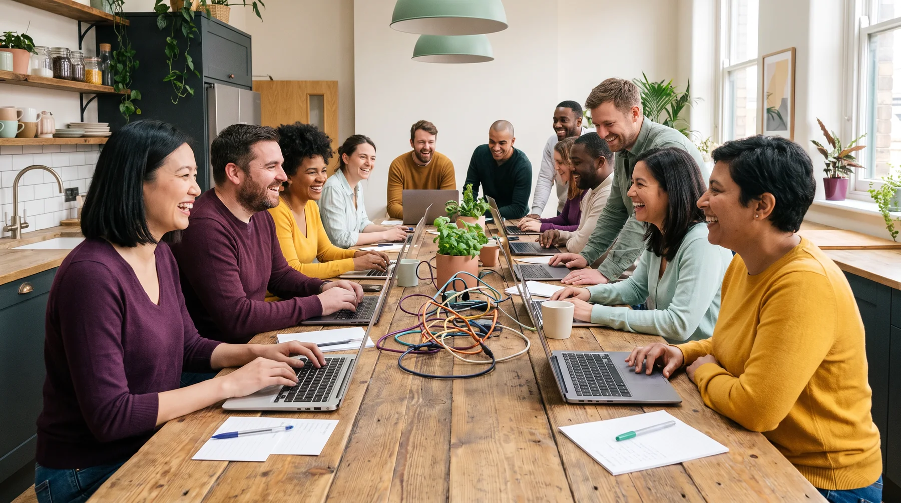 People collaborating around laptops and cables at a long table