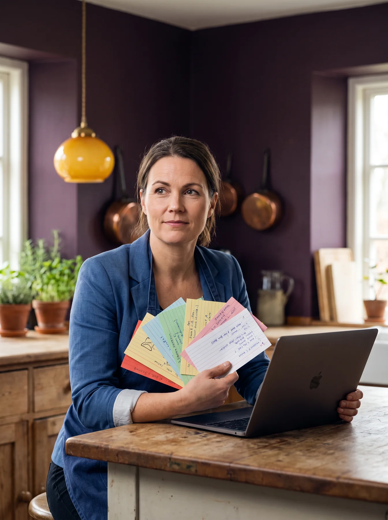 Learner holding colorful planning cards next to a laptop