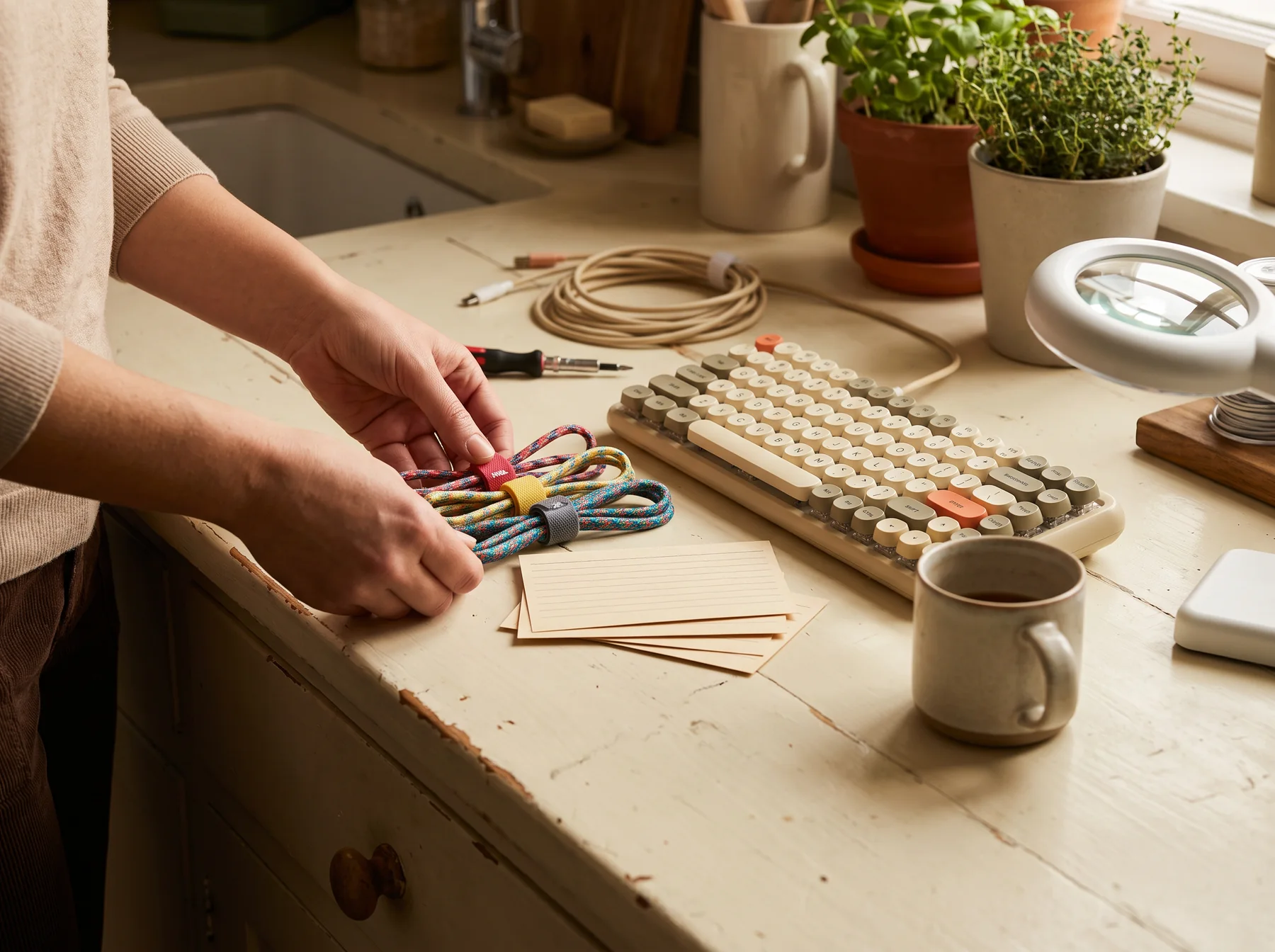 Hands arranging computer cables beside a keyboard